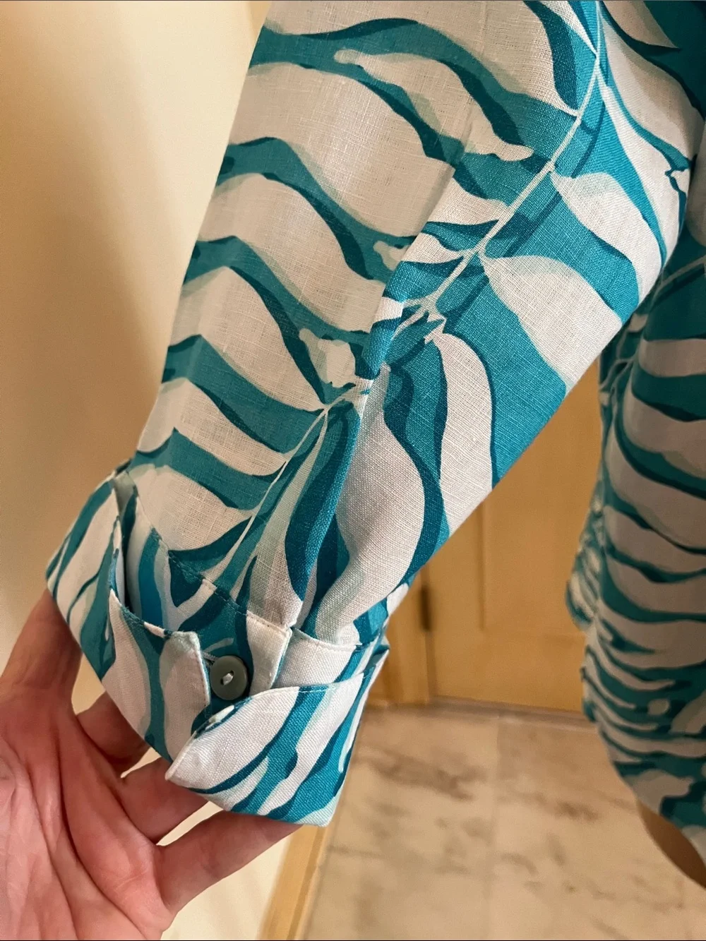 CHICO'S Palm Beach Cruise 100% Linen Teal/White Button-Up 3/4 SLV Palm Blouse 14